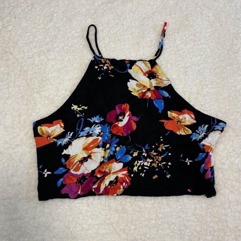 House of Harlow 1960 Women Black Floral Halter Crop Top